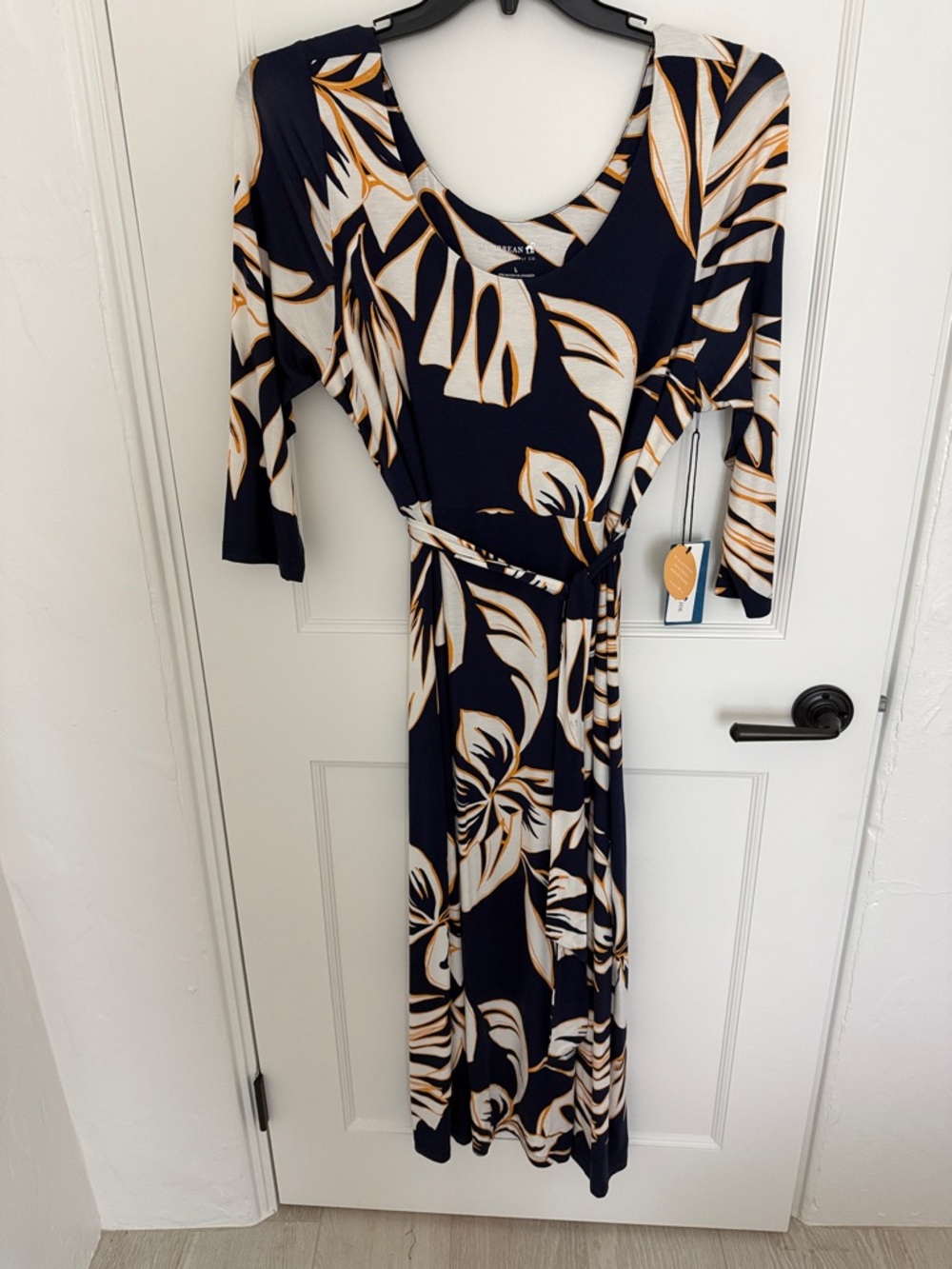 Caribbean Joe Navy Midi Dress with Cream and Gold Leaf Print